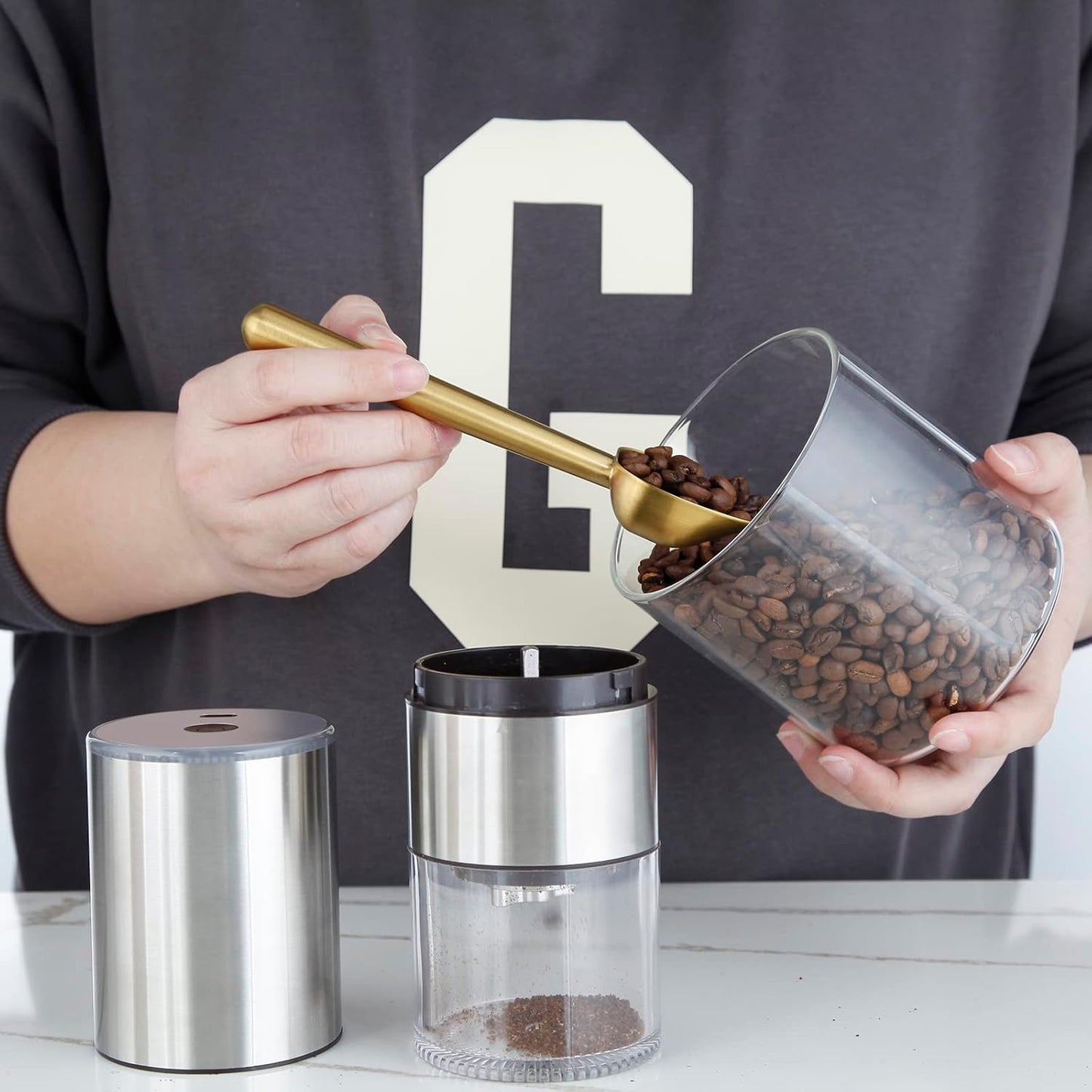 Easyworkz Stainless Steel Long Hollow Handle Coffee Scoop,7g Measuring Spoon for Ground Coffee and Loose Leaf Tea, Brass Gold