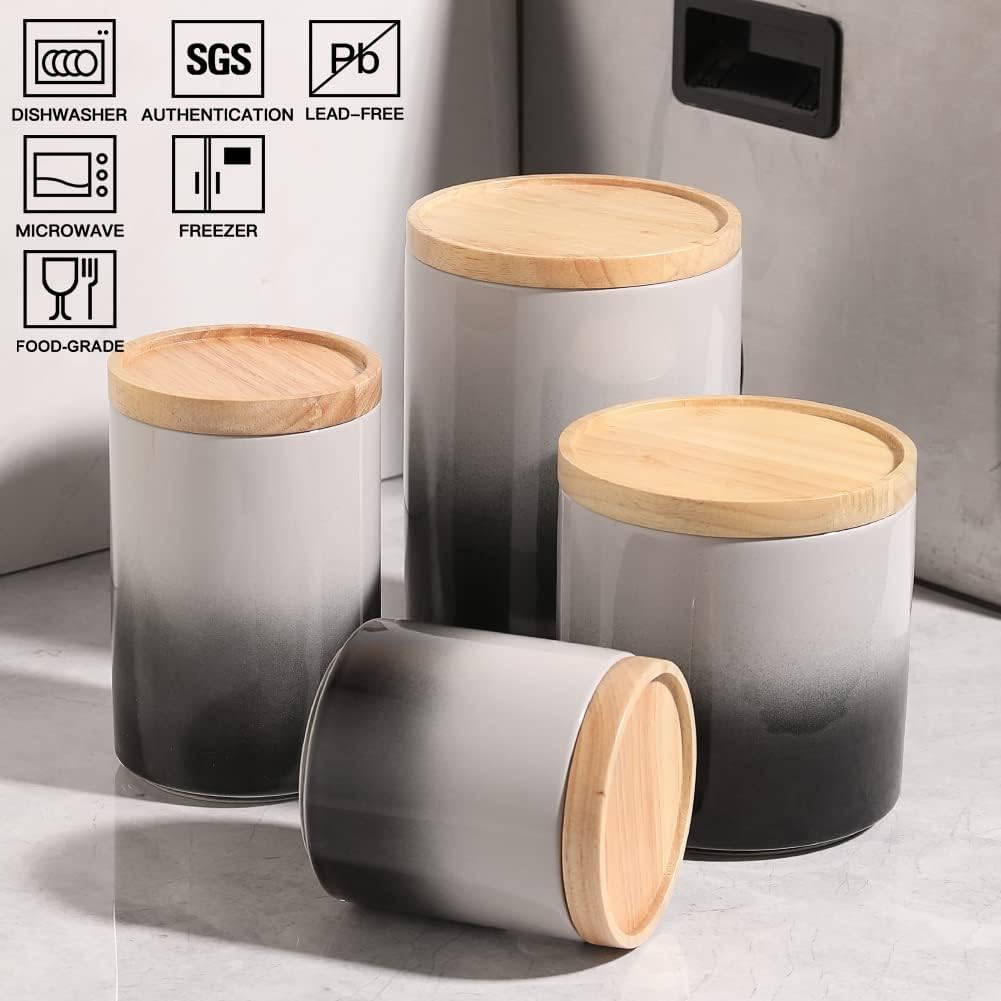 Sweejar Ceramic Food Storage Jar, Stackable Kitchen Canisters, Containers with Airtight Seal Wooden Lid for Serving Coffee Grounds, Coffee Bean, Flour, Tea, Spice and More - 39 Fl Oz (Gradient Gray)