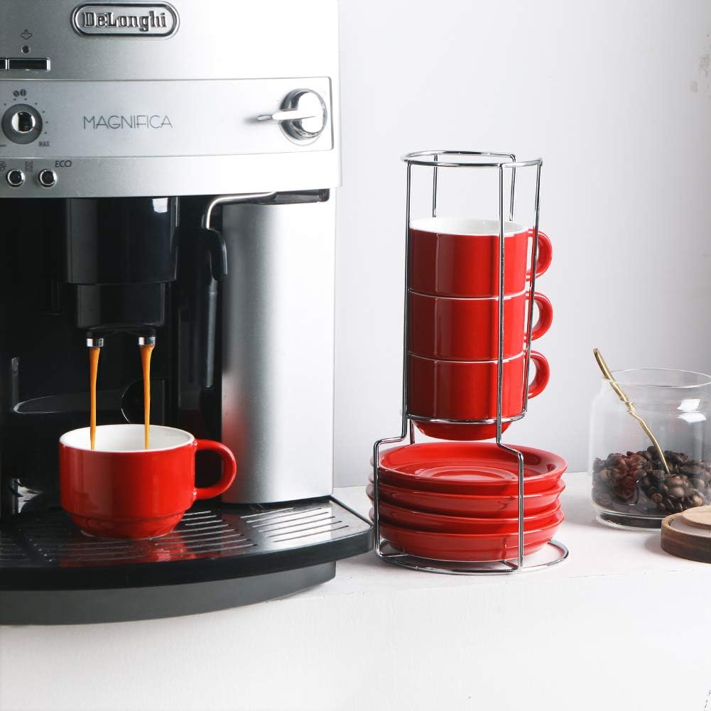 Sweejar Porcelain Espresso Cups with Saucers, 4 Ounce Stackable Cappuccino Cups with Metal Stand for Coffee Drinks, Latte, Tea - Set of 4 (Red)