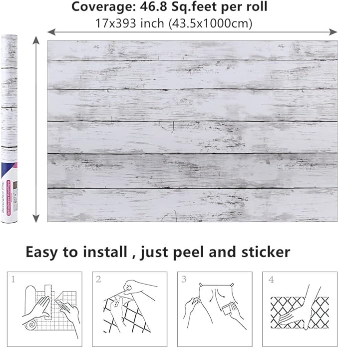 Arthome 17 x 393 inches White Gray, Peel and Stick Wallpaper, Wood Contact Paper - Image 7