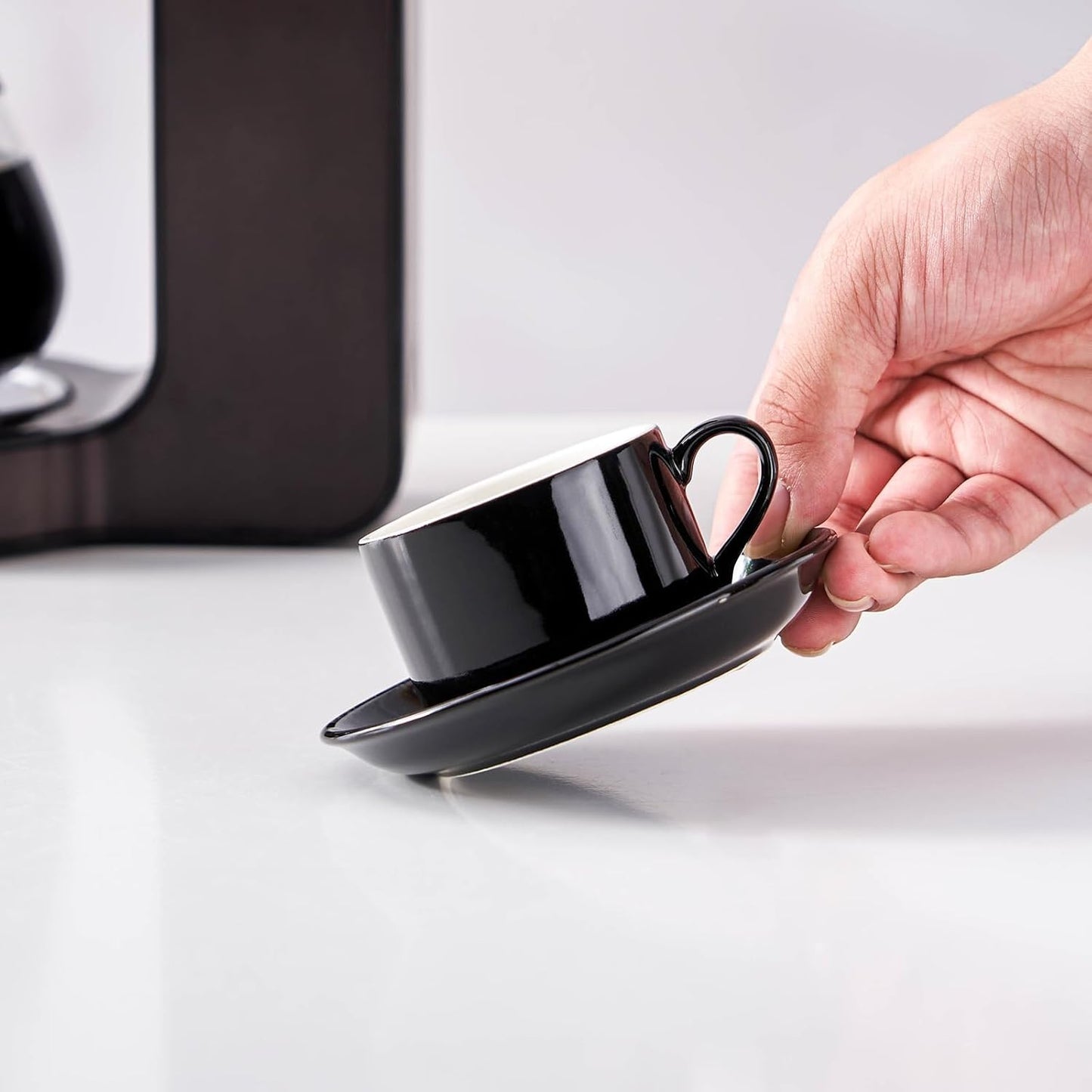 8oz Porcelain Stackable Cappuccino Cups with Saucers and Metal Stand Set of 4, Coffee Cups for Espresso, Specialty Coffee Drinks, Latte, Americano and Tea - Black