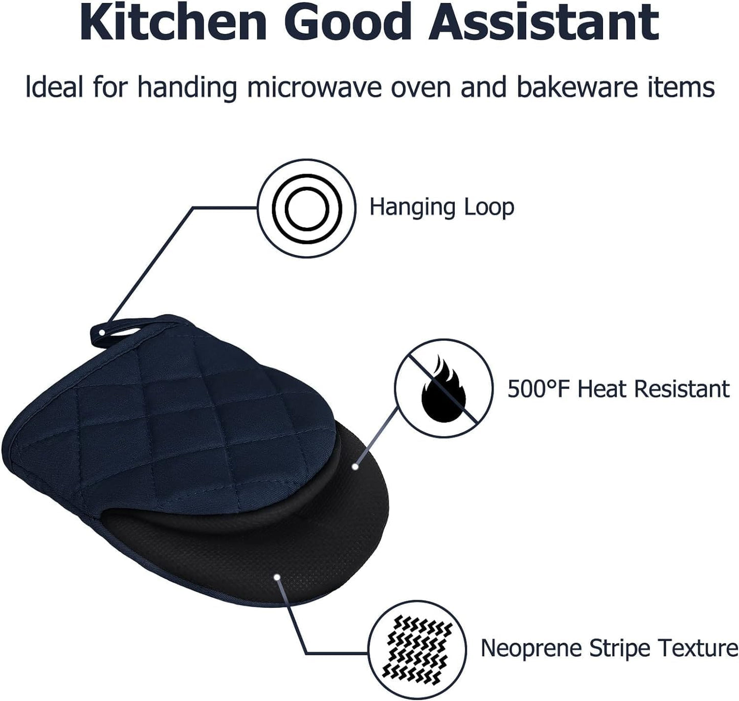 Short Oven Mitts, Heat Resistant Silicone Kitchen Mini Oven Mitts for 500 Degrees, Non-Slip Grip Surfaces and Hanging Loop Gloves, Baking Grilling Barbecue Microwave Machine Washable, 1 Piece