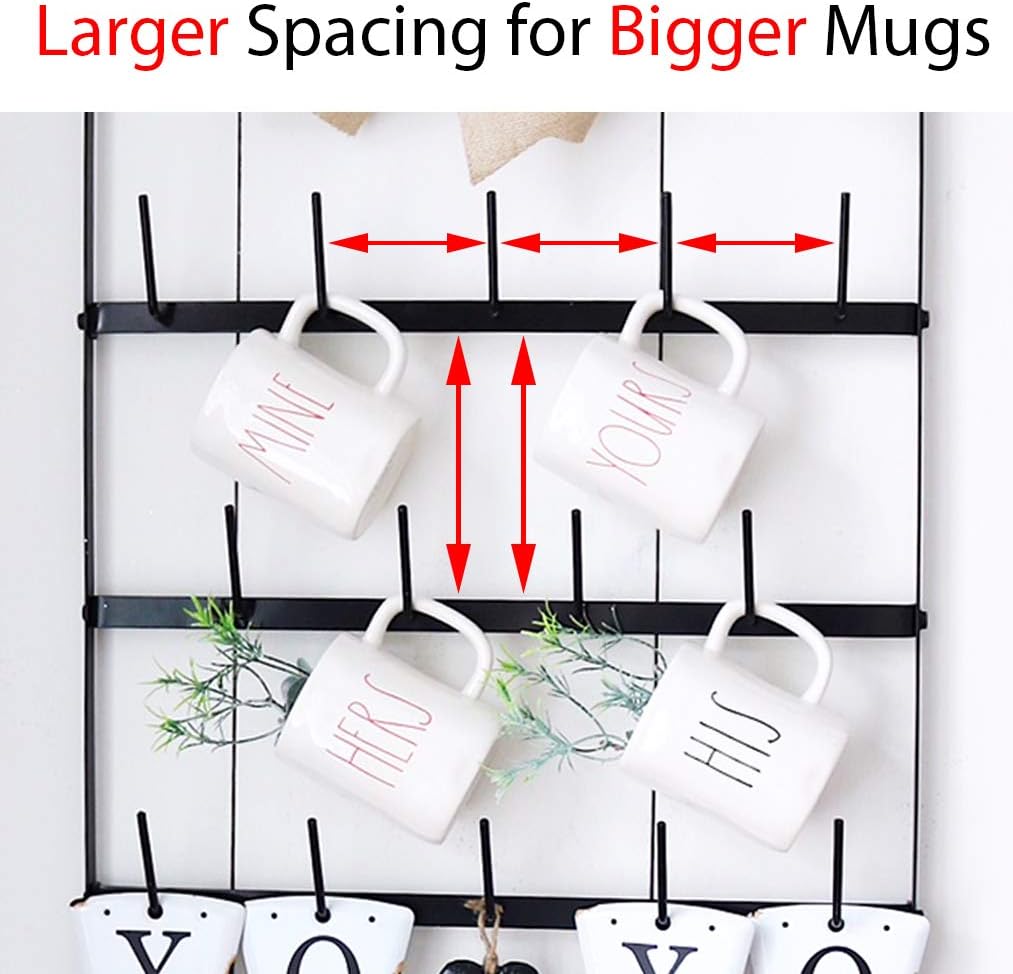 Wall Mounted Coffee Mug Rack - Large Rustic Black Iron Steel Kitchen Rack with 6 Rows - Storage for 27 Cups - Jar & Plate Holder - Vertical Display Organizer - Farmhouse Home Décor - Claimed Corner