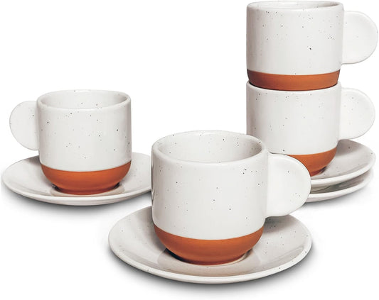 Mora Ceramic Mini Espresso Cups Set of 4, 3oz - Tiny Italian Inspired Mugs With Saucers For Small Shots of Coffee - Modern Boho Style For Any Kitchen or Cafe. Microwave Safe Porcelain - Vanilla White