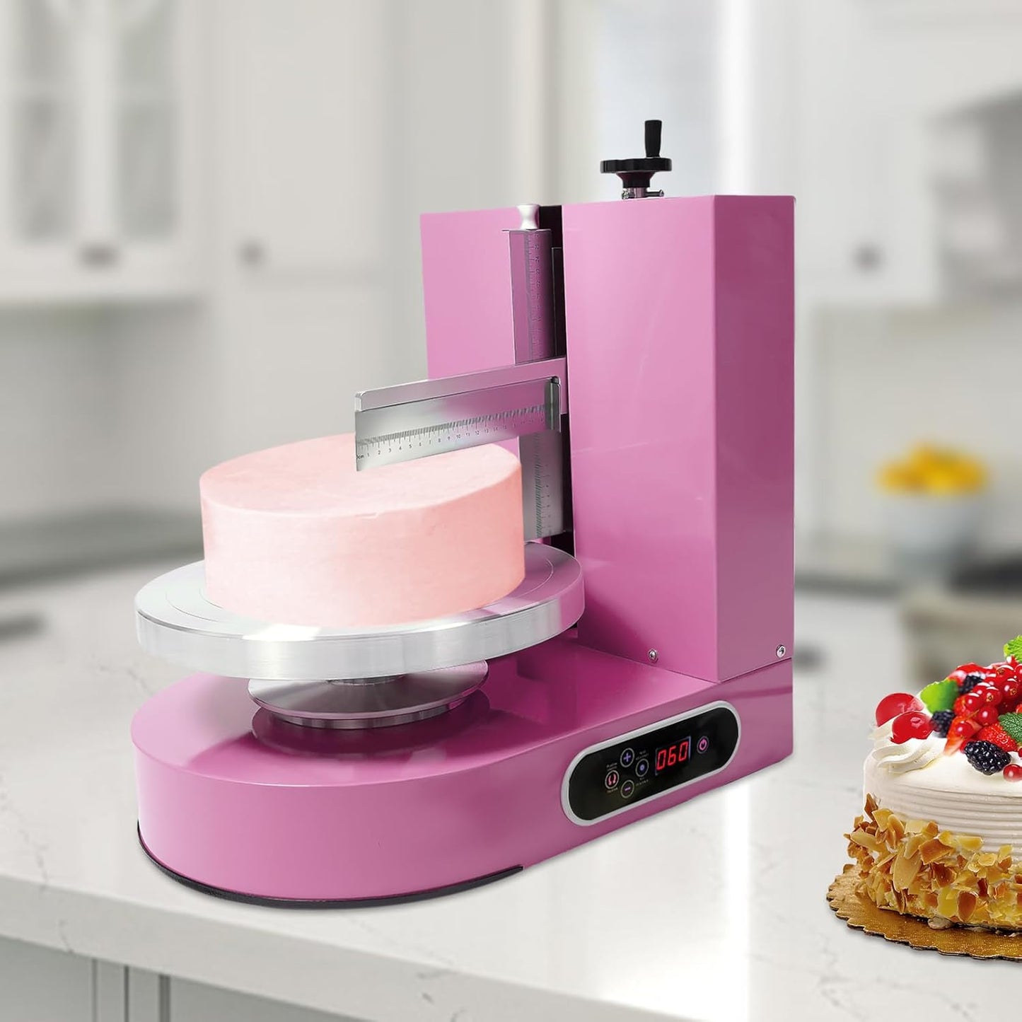 Cake Decorating Machine, 200W Electric Cake Cream Spreading Coating Machine with Adjustable Scraper, Turntable Cake Frosting Smoother, for 4-12in Cake, 60-320RPM (Pink)