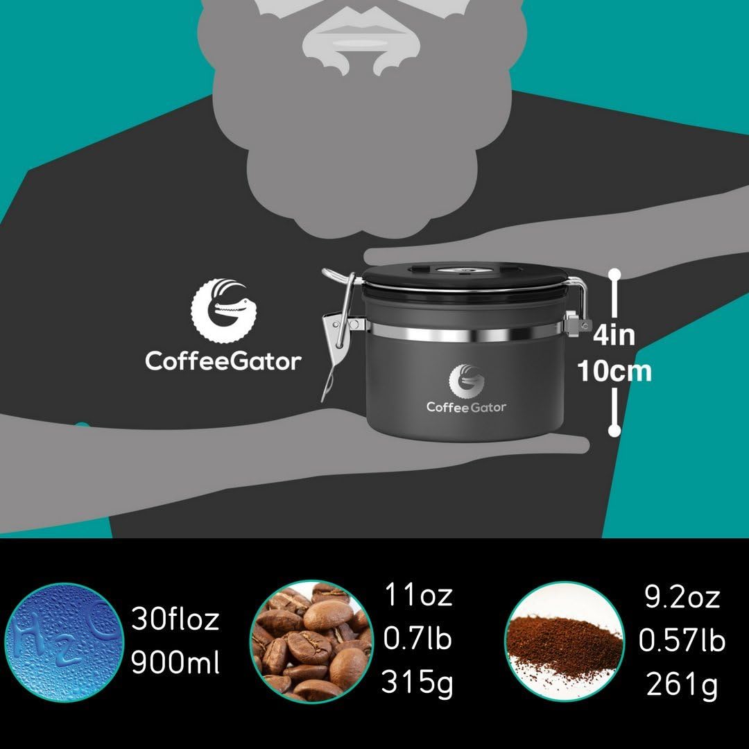 Coffee Gator Coffee Canister, 11oz Airtight Stainless Steel Kitchen Food Storage Container with Date-Tracker, CO2-Release Valve and Scoop for Beans, Grounds, Sugar, Cookies Jars, Tea, Cereal - Gray