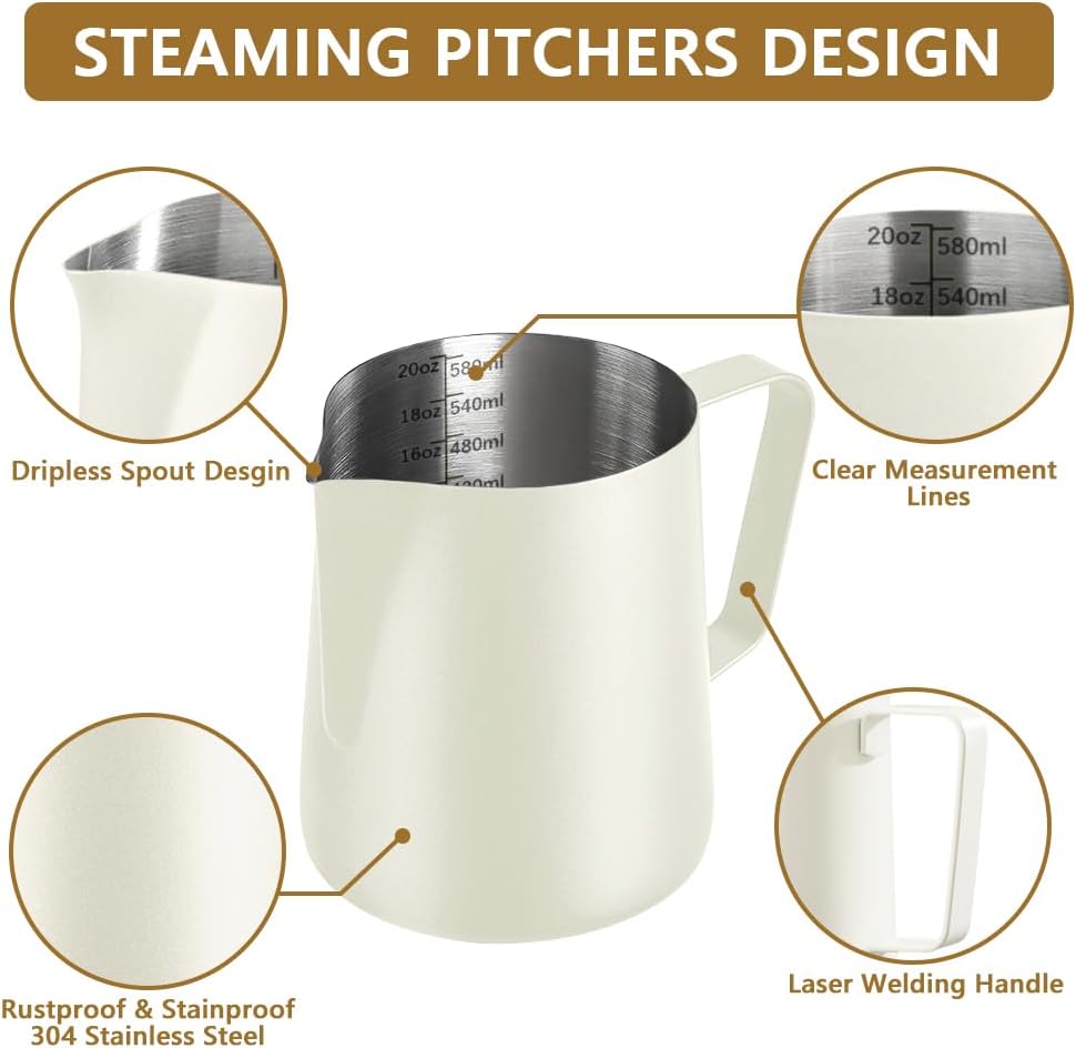 Frothing Milk Pitcher, 20 oz/600 ml Stainless Steel Frothing Milk Jug with Latte Art Pen,with Internal Measurements, for Cappuccino-White