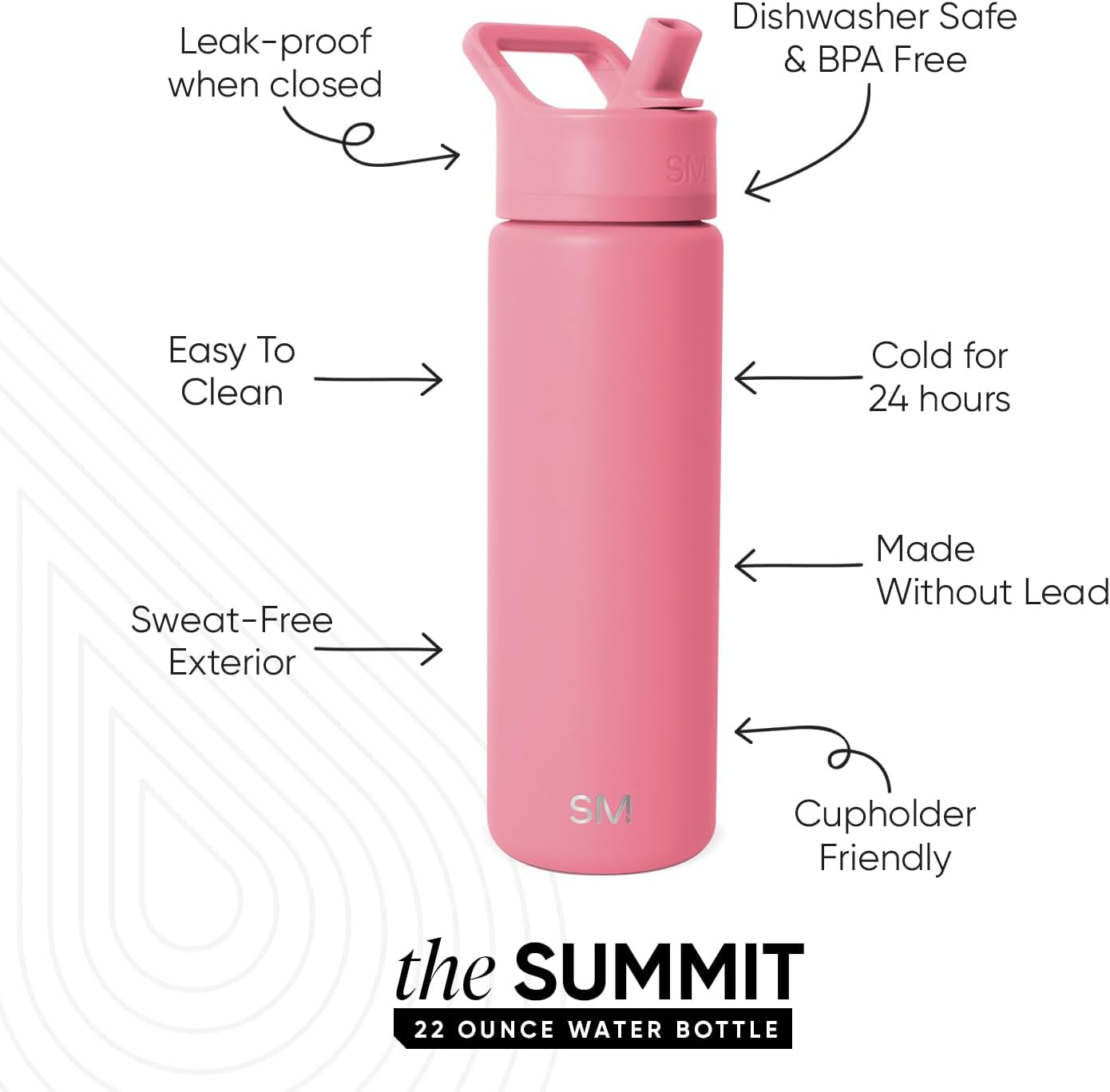 Simple Modern Water Bottle with Straw Lid | Vacuum Insulated Stainless Steel Metal | Reusable Leak Proof BPA-Free Cup for School | Summit Collection | 22oz, Velvet Pink
