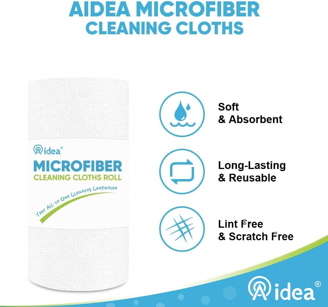 AIDEA Microfiber Cleaning Cloth Roll, White 50PK, Tear Away Reusable Paper Towels, Commercial Shop Rags, Microfiber Towels for Cars, Lint Free Rags for House, Kitchen, Automotive, 11.5"×11.5"