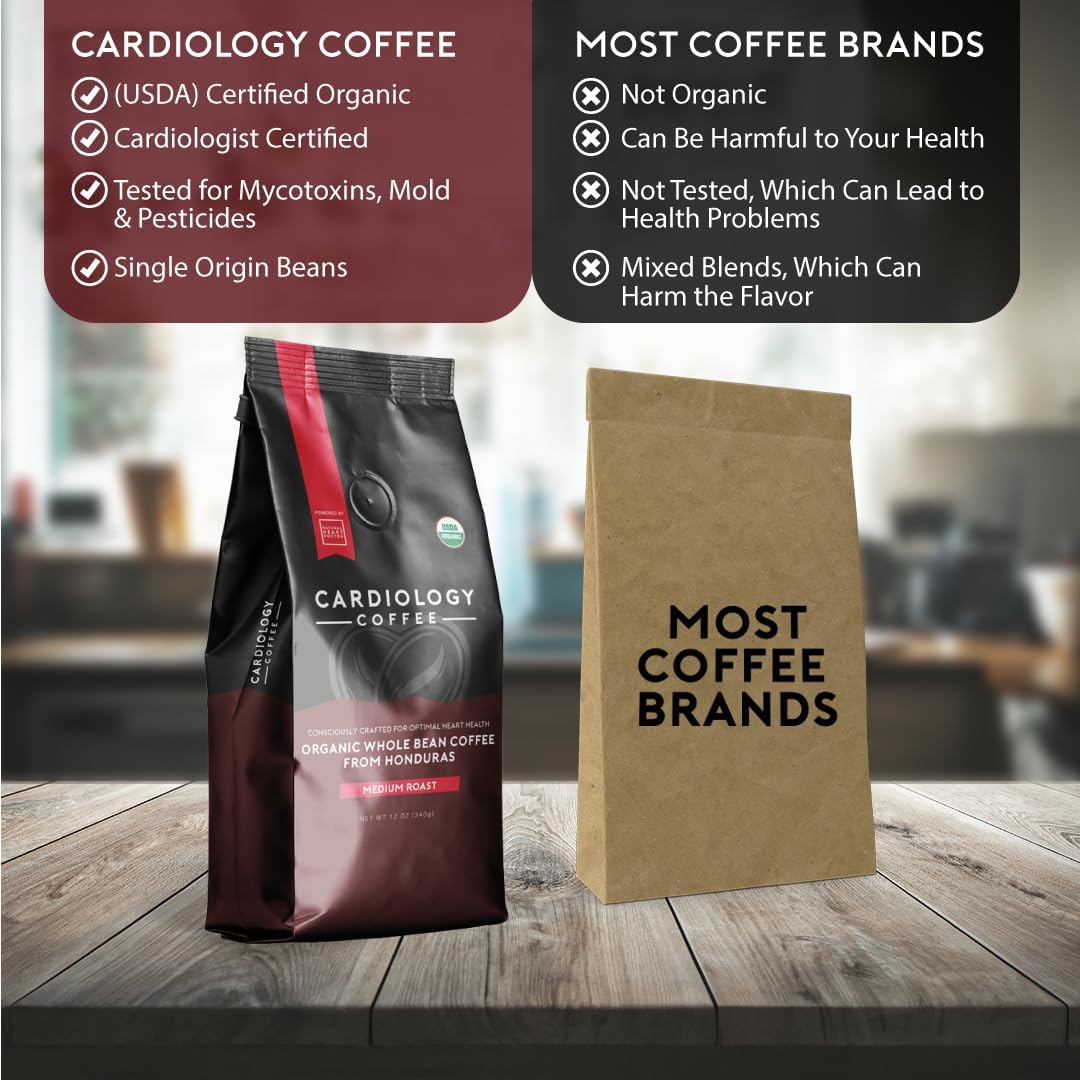 Cardiology Coffee – Whole Bean Coffee – USDA Certified Mold-Free 12oz Premium Medium Roast Organic Coffee Beans with Antioxidant Benefits – Perfect for Heart Healthy Lifestyle