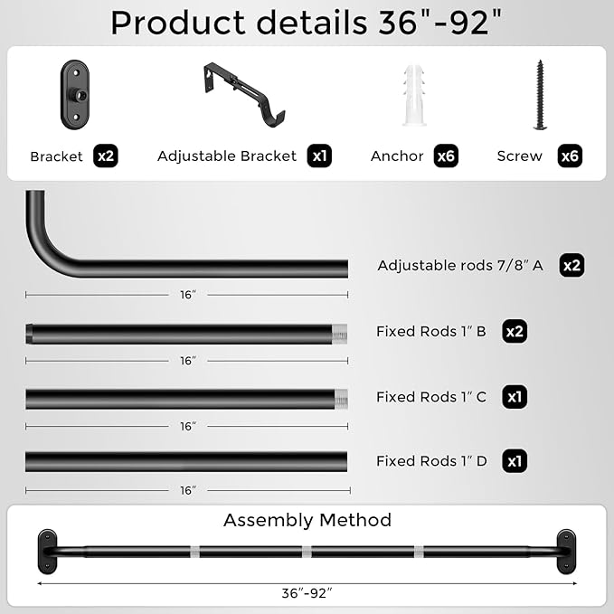 Curtain Rods 36-88 Inch, 1 Inch Adjustable Heavy Duty Room Darkening Window - Image 7