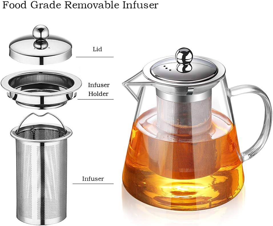 Glass Teapot with Infuser Tea Pot 32oz/43oz Tea Kettle Stovetop Safe Blooming and Loose Leaf Tea Maker Set (43oz/ 1300ml)