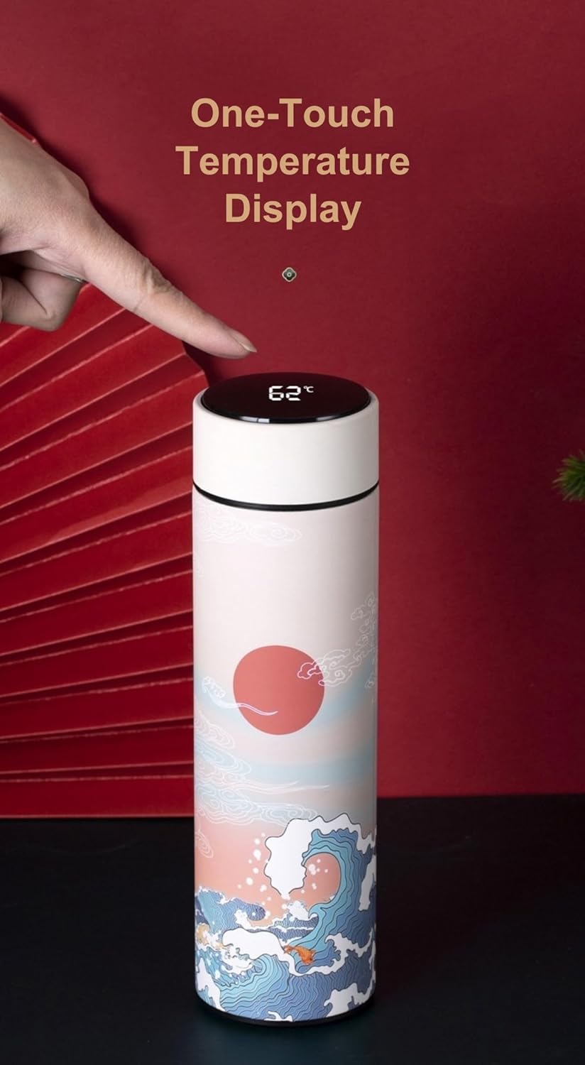 Insulated Coffee Tea Travel Thermos Mug Water Bottle with Removable Strainer and Temperature Featuring Elegant Asian Art Design - 16.9 fl oz (Black)