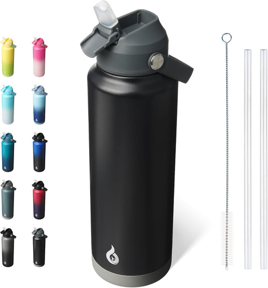 BJPKPK Insulated Water Bottle with Straw Lid, 40oz Large Thermos, BPA Free Leak Proof Stainless Steel Metal Water Bottles, Tumblers, Cups, Flasks for Travel, Sports,Black