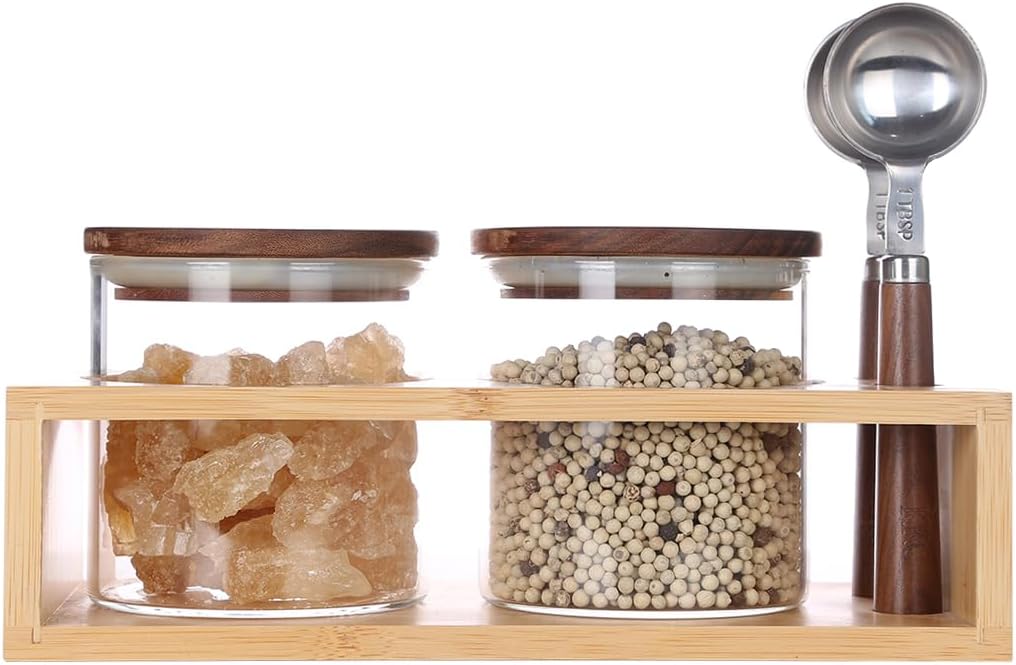 KKC HOME ACCENTS Airtight Borosilicate Glass Food Storage Jars with Wood Lids and Scoop for Coffee,Tea,Sugar,Salt,Wooden Top Glass Sealed Jars,18 Fluid Ounces