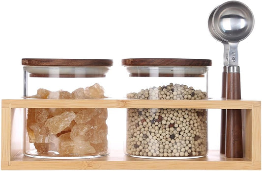 KKC HOME ACCENTS Airtight Borosilicate Glass Food Storage Jars with Wood Lids and Scoop for Coffee,Tea,Sugar,Salt,Wooden Top Glass Sealed Jars,18 Fluid Ounces