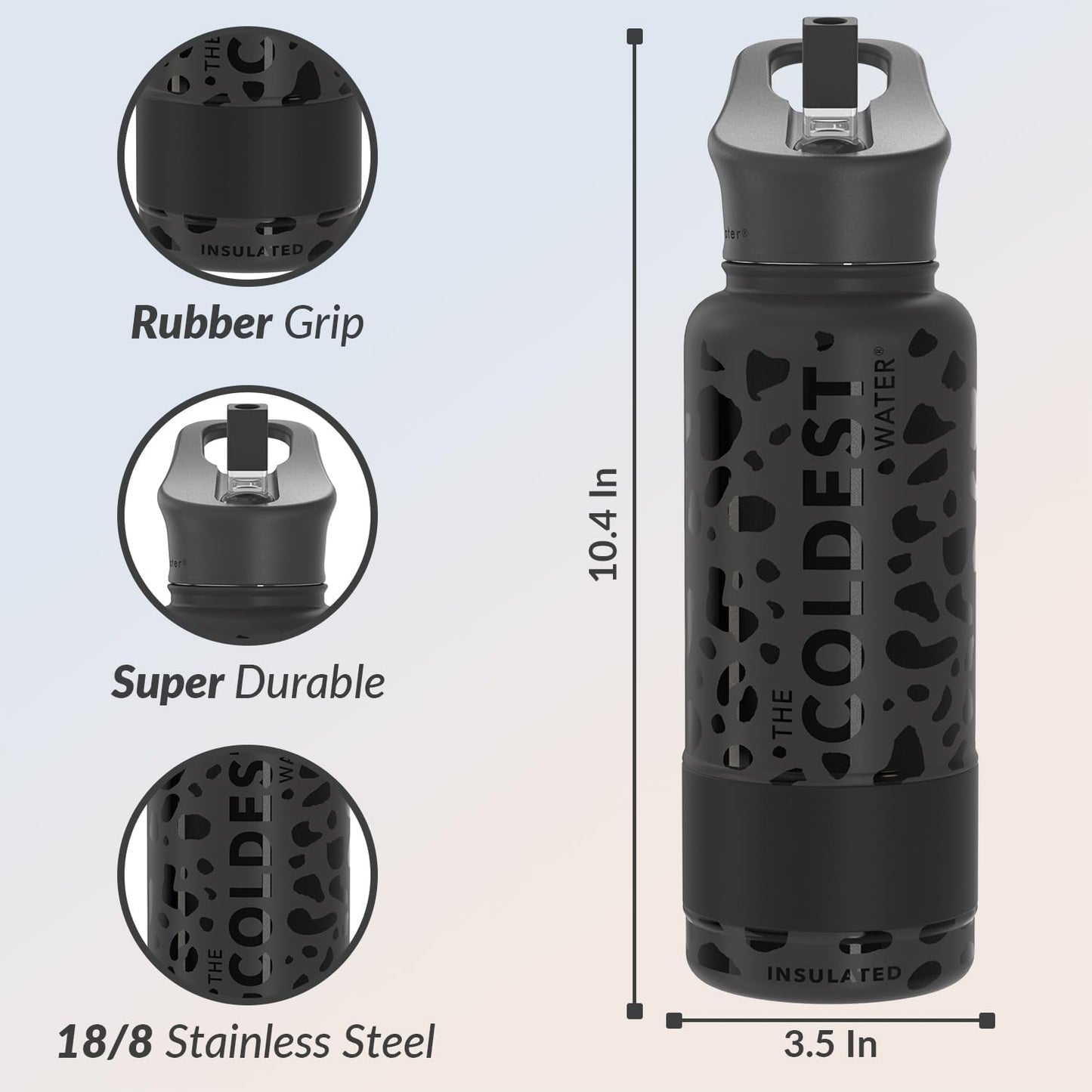 Coldest Insulated Water Bottle with Straw Lid - Stainless Steel Metal Insulated Bottle for Men & Women (Black Leopard, 32 oz)
