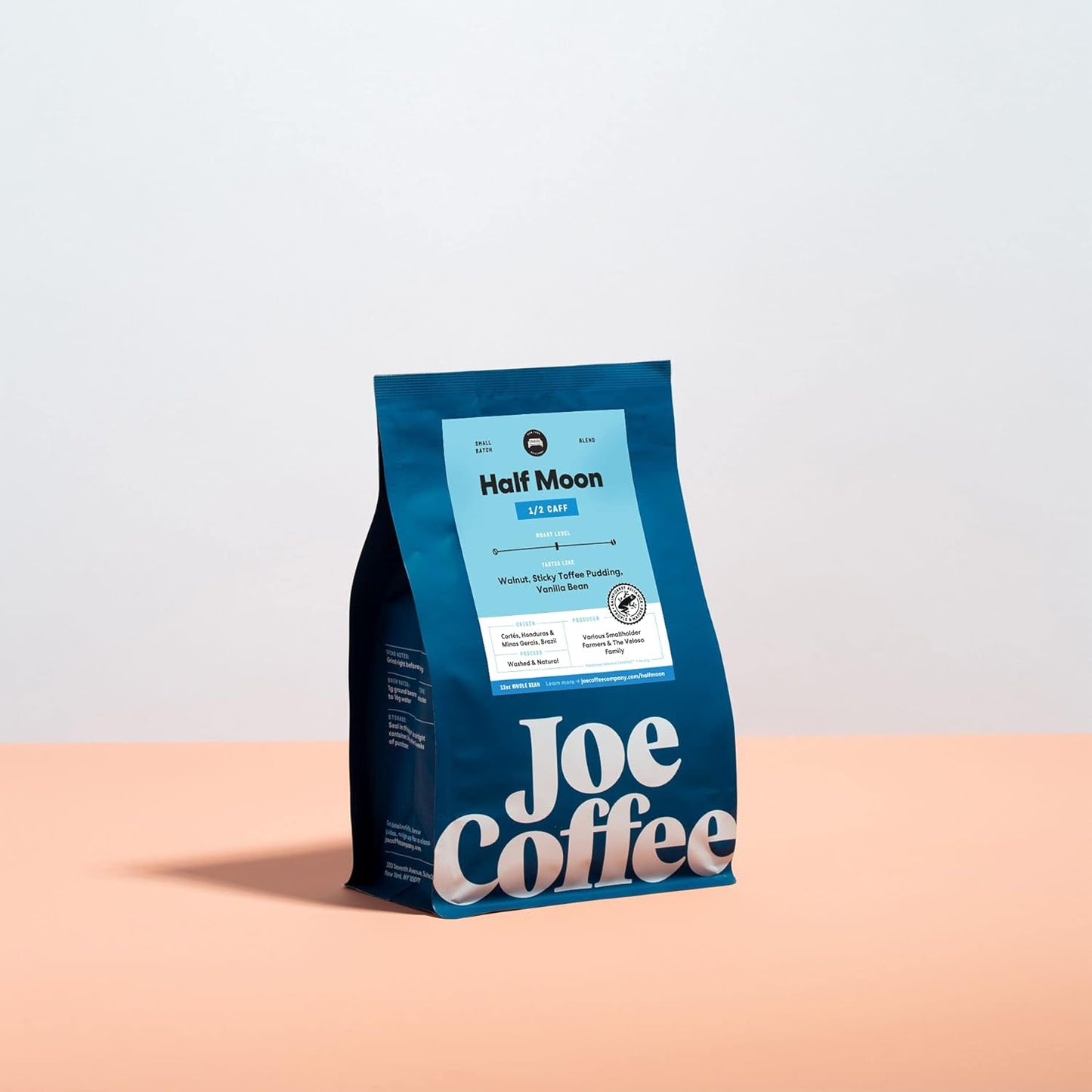 Joe Coffee Company, Half Decaf Half Regular Coffee Beans, Medium Roast, Chemical Free Decaffeination Process, Whole Bean, 12 oz Bag