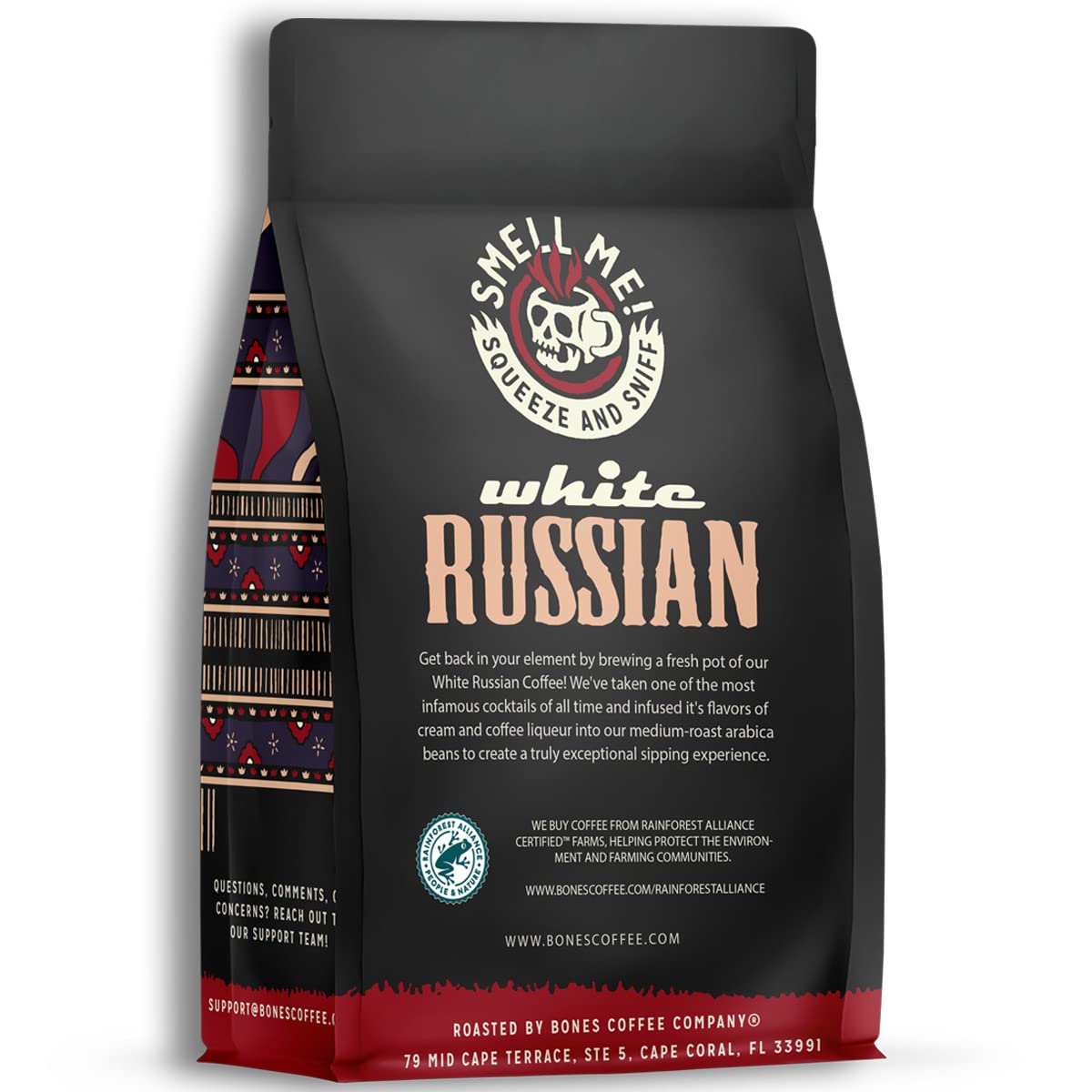 Bones Coffee Company White Russian, Cream and Cocktail Flavored Coffee, Medium Roast Low Acid Arabica Beans Compatible with Auto drip and French Press Coffee Maker, 12 Oz Ground