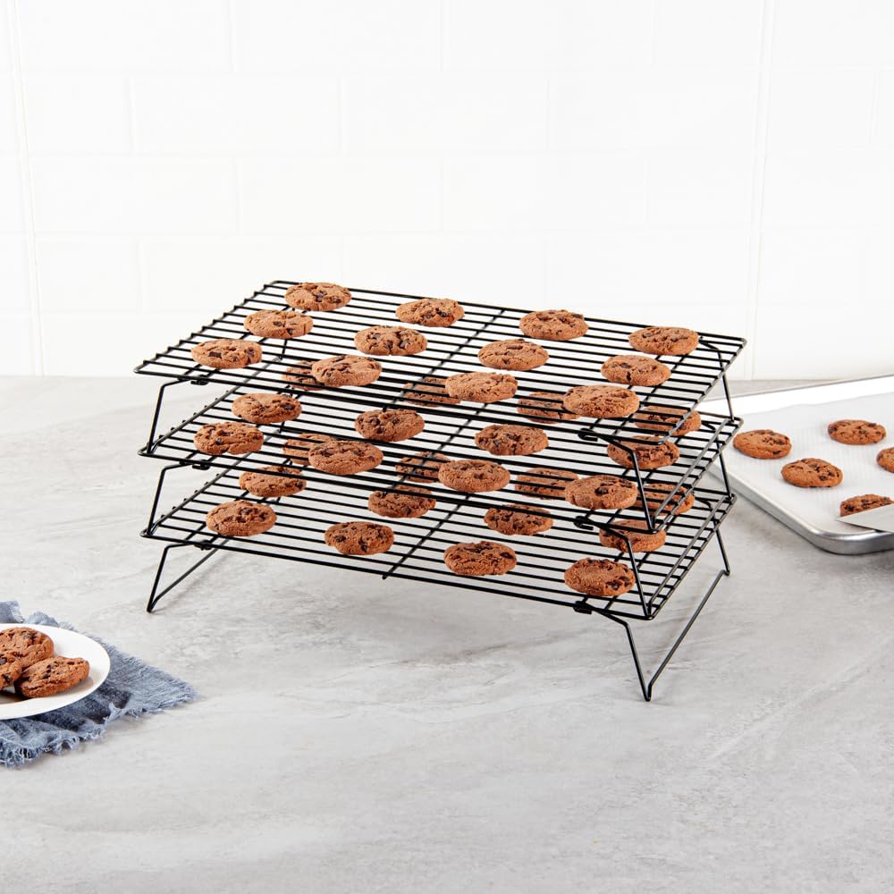 Restaurantware Met Lux 15.7 x 9.8 x 8.3 Inch Wire Baking Rack Set 1 Stackable Oven Wire Rack Set - 3-Tier Design Oven-Ready Up To 392F Black Iron Cooling Rack Set With Collapsible Feet