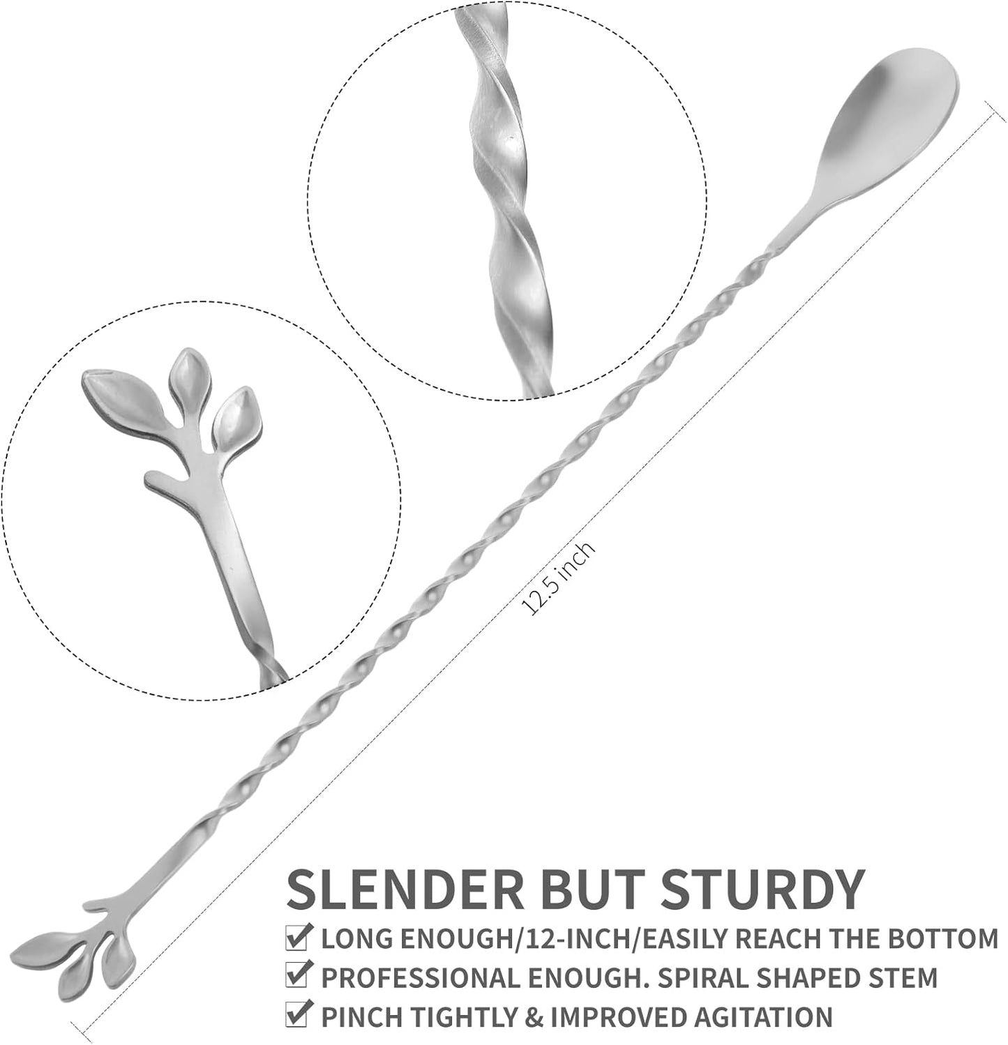 AnSaw Silver 12-Inch Stainless Steel Cocktail Spoon with Leaf Handle - Perfect for Mixing & Layering Drinks in Tall Cups, Bar & Shakers - Durable Long Handle Bar Stirrer,1-Pieces