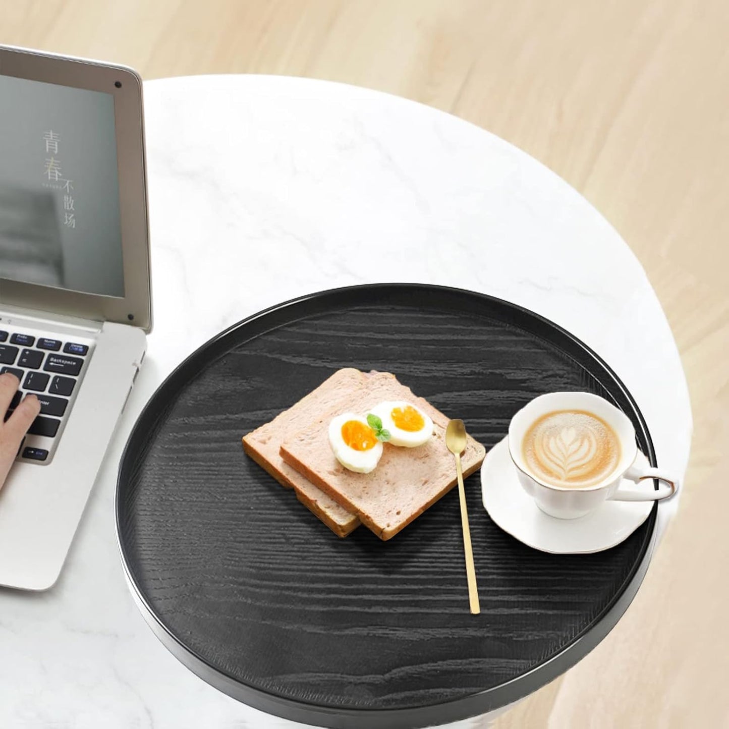 Round Solid Wood Serving Tray Extra Large Tea Coffee Snack Food Meals Serving Plate Non-Slip Kitchen Party Bar Server Ottoman Tray Breakfast Tray with Raised Edges (15.7inch/40cm) Black