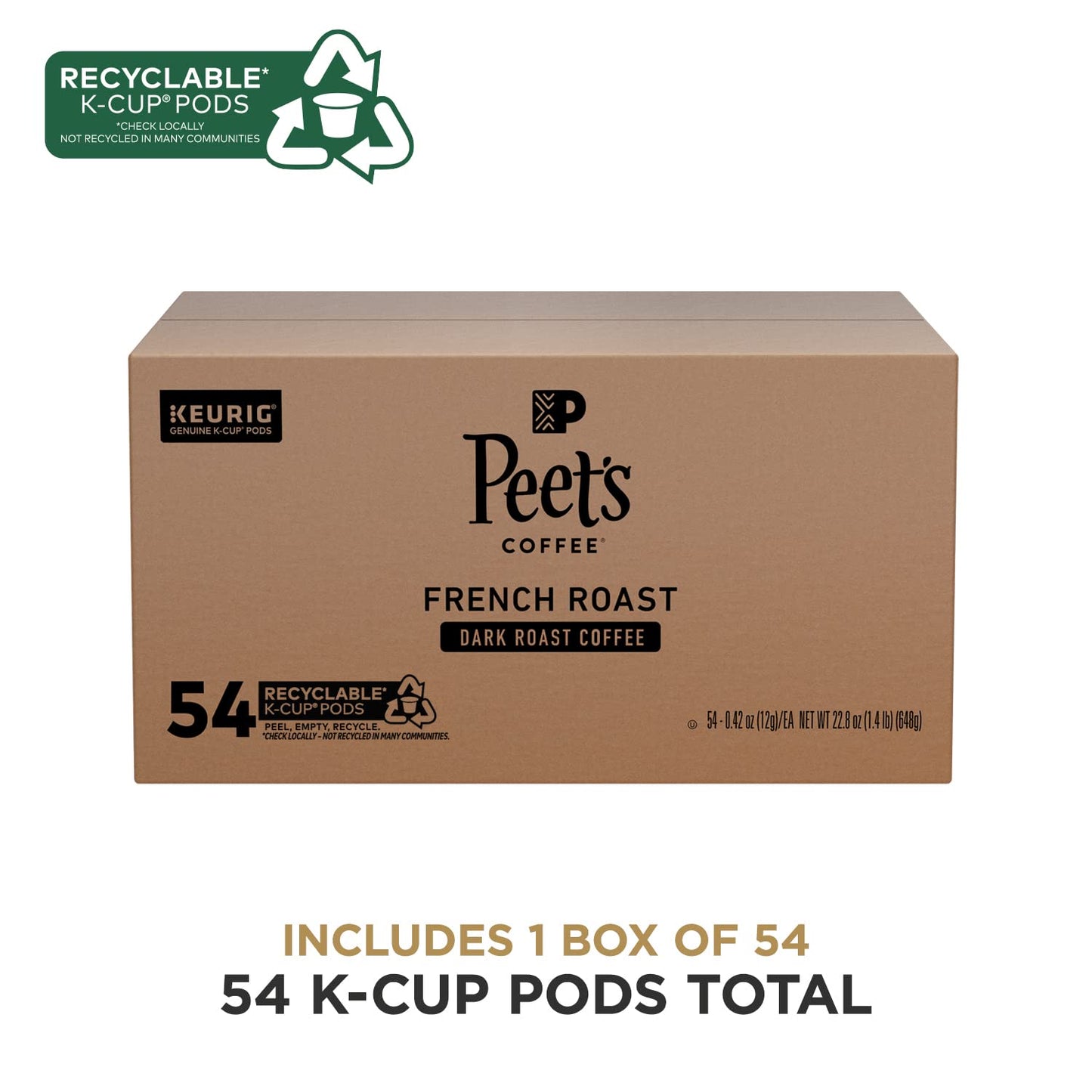 Peet's Coffee, Dark Roast Keurig K-Cup Pods - French Roast 54 Count (1 Box of 54 K-Cup Pods)
