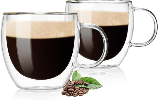 6.7oz Double Wall Espresso Cups Set of 2 With Handle, Clear Expresso Shots Cup, Double Wall Insulated Espresso Mugs, Tazas de Cafe Expreso, Microwave Dishwasher Safe, for Espresso Machine
