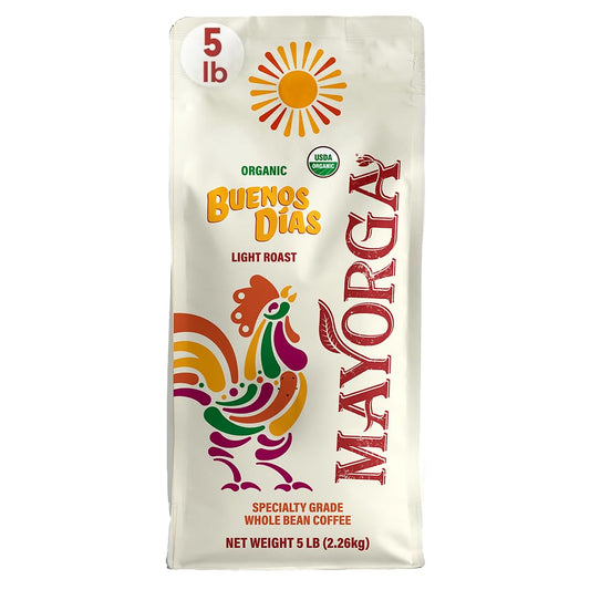 Mayorga Organic Coffee 5lb Buenos Dias - Light Roast Whole Bean Coffee Specialty Grade, 100% Arabica, Slow Roasted, Citrusy and Sweet Flavor with Low Acidity - USDA Organic, Non-GMO, Kosher