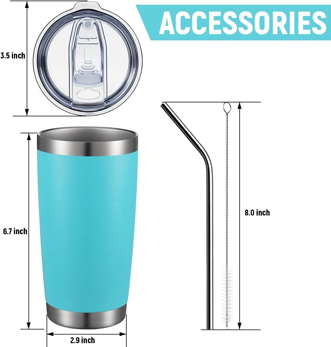 COMOOO 20oz Double Wall Vacuum Insulated Travel Mug Bulk Stainless Steel Tumbler with Lid and Straw Durable Powder Coated Insulated Coffee Cup for Cold & Hot Drinks (Light Blue, 12 pack