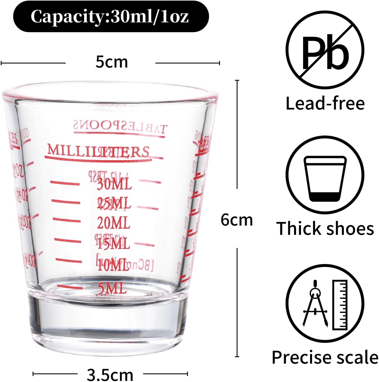 Shot Glasses Measuring cup Espresso Shot Glass Liquid Heavy Wine 2 Pack 26-Incremental Measurement 1oz, 6 Tsp, 2 Tbs, 30ml (2 pack-red)