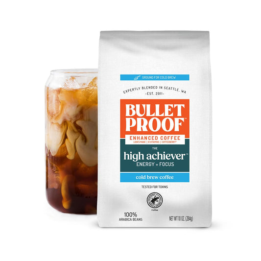 Bulletproof The High Achiever Course Ground Cold Brew Coffee, 10 Ounces, Medium-Dark Roast Enhanced Coffee with Lion's Mane Mushroom, B Vitamins, and Adaptogens for Energy and Focus