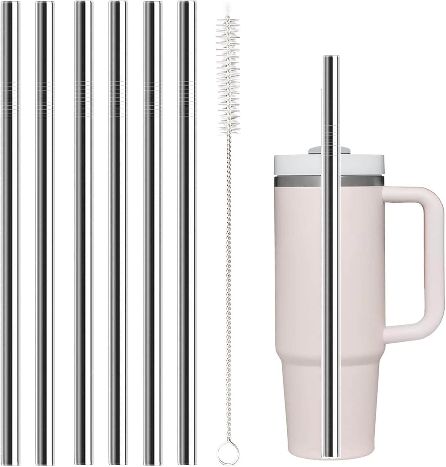 Stainless Steel Straw Replacement for Stanley 40 oz 30 oz,6 PCS Straight Reusable Metal Straws with Cleaning Brush, Compatible for 40oz Stanley Cup Tumbler