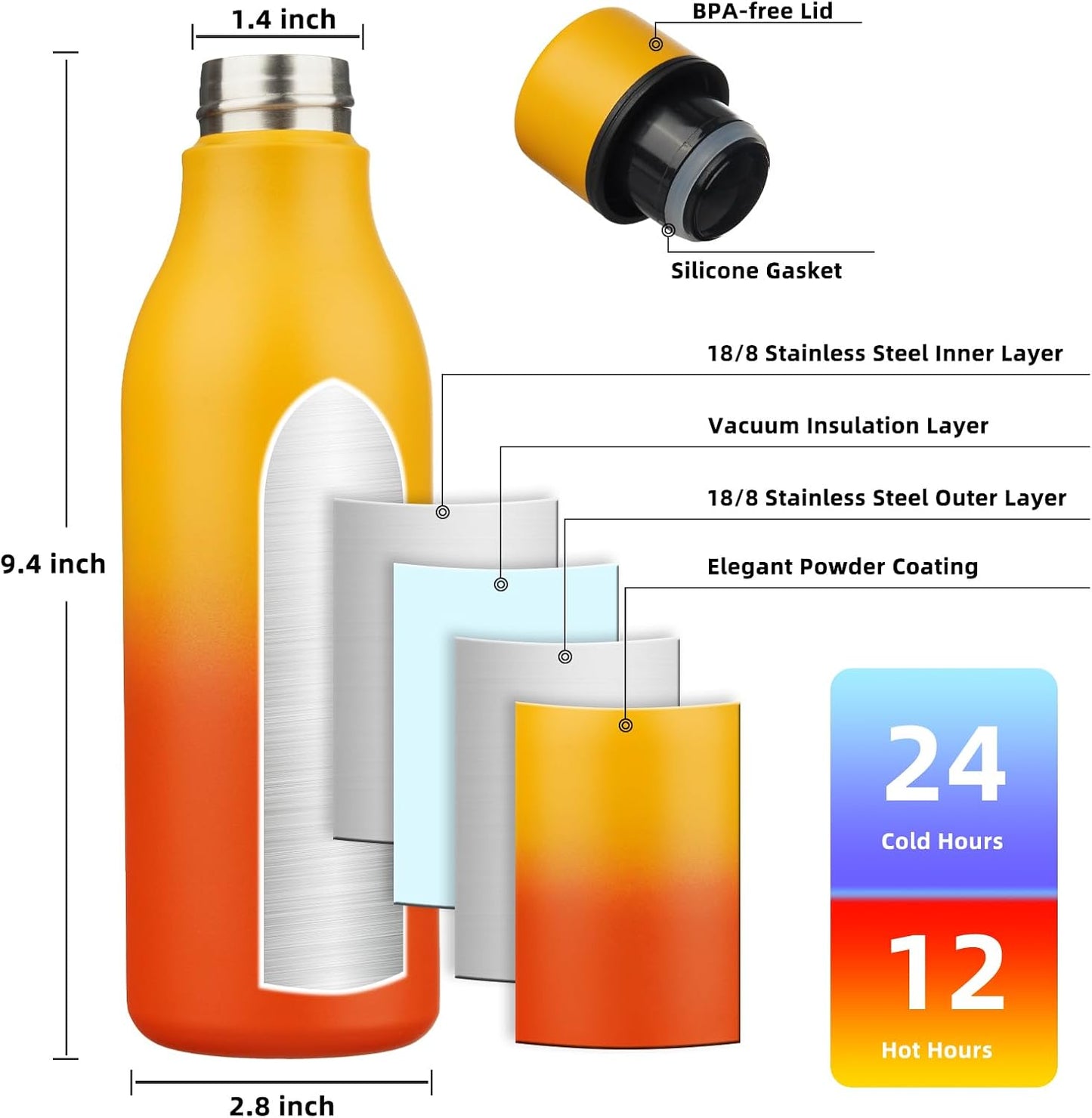 BJPKPK Insulated Water Bottles, 18 oz Stainless Steel Metal Water Bottle with Strap, BPA Free Leak Proof Thermos, Mugs, Flasks, Reusable Water Bottle for Sports & Travel, Sunset Orange