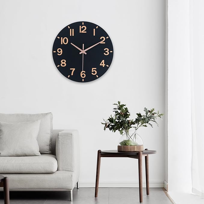 HZDHCLH Wall Clock 8 Inch Silent Non Ticking Wood Battery Operated Black Wooden - Image 9