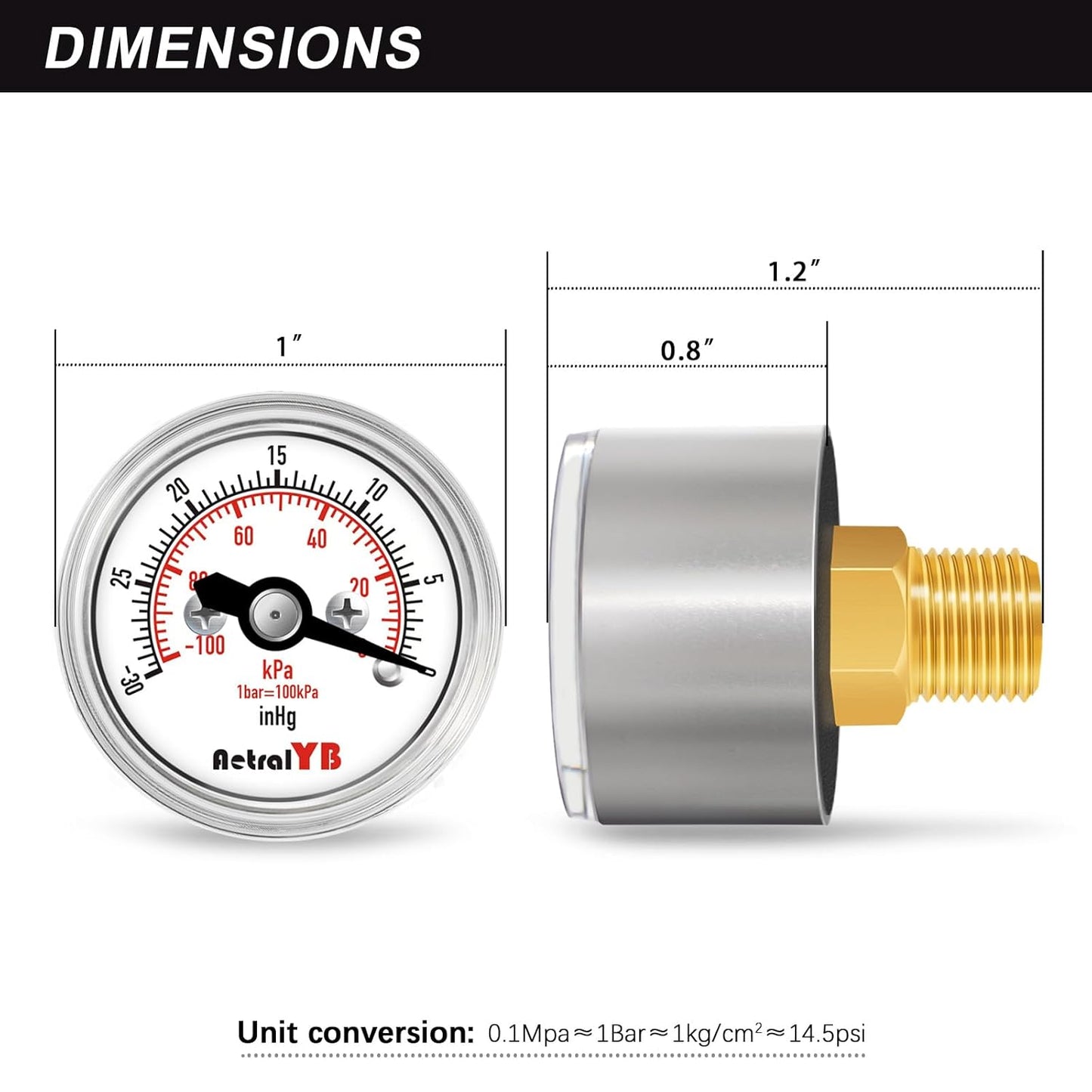 1inch Vacuum Pressure Gauge, 30Inhg-0/-100Kpa-0,1" Dial, 1/8 NPT Back Mount, 304 Stainless Steel Case, Brass Internal, for Vacuum Test