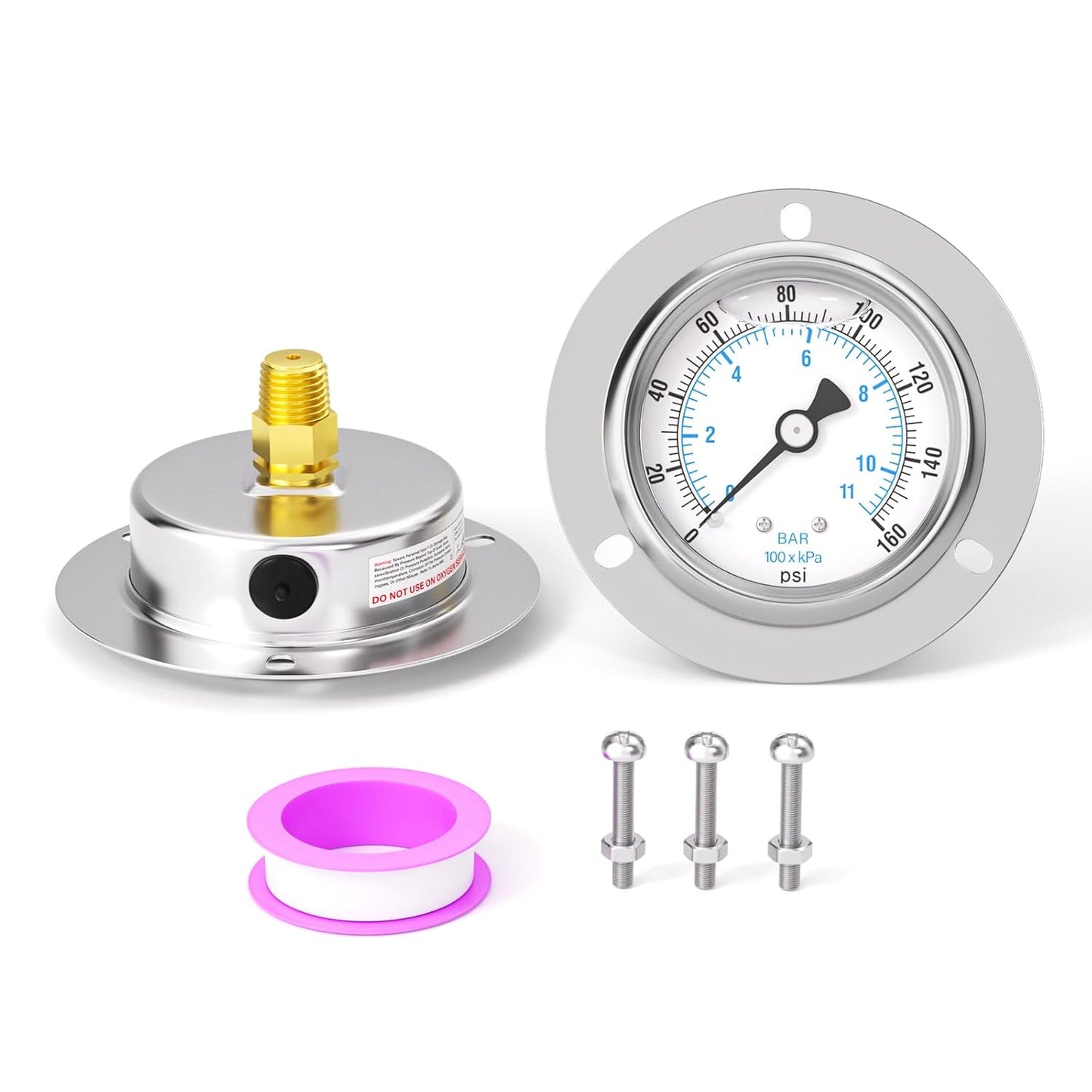 0-160PSI Panel Mount Front Flanged Glycerin Filled Pressure Gauge, 2.5" Dial Size, 1/4" MNPT Back Mount, Stainless Steel Case, with Phillips Screw and Nut, for Water, Gas, Liquid Pressure