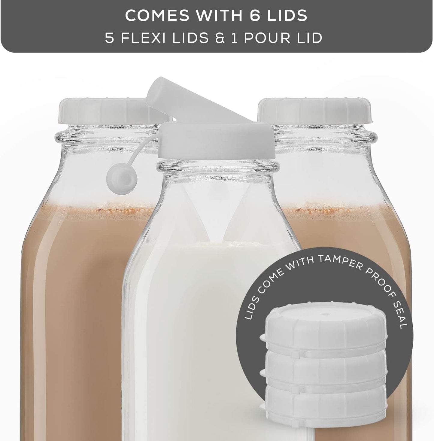 JoyJolt Glass Milk Bottles with Lids and Pourer – 32 Oz, 3 Pack Airtight Heavy Duty Reusable Glass Bottles, Leakproof, BPA-Free, Food Grade, Dishwasher Safe Jug, Pitcher for Milk, Juice, and Water