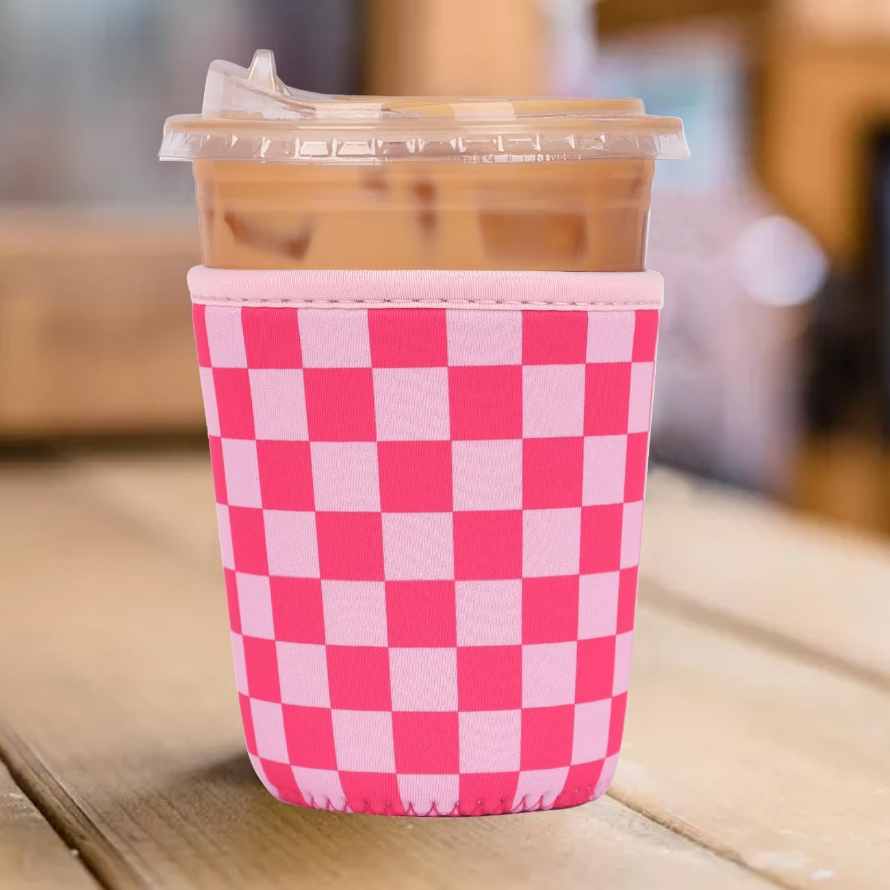 Reusable Insulated Neoprene Iced Coffee Cup Sleeve, Durable Drink Sleeve for Cold Beverages, Beverage Holder for Iced Coffee, Pink Grid