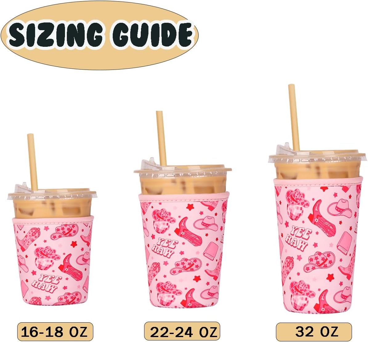 Reusable Insulated Neoprene Iced Coffee Cup Sleeve, Durable Drink Sleeve for Cold Beverages, Beverage Holder for Iced Coffee, Pink Cowgirl