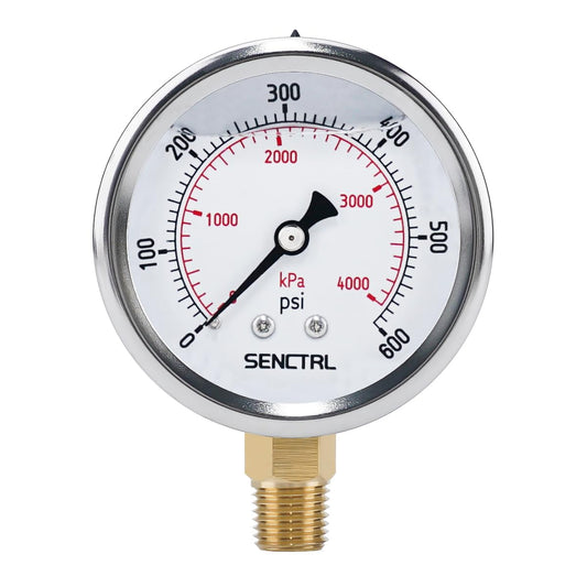 SENCTRL 0-600 Psi Glycerin Liquid Filled Pressure Gauge, 2.5" Dial Size, 1/4" NPT Lower Mount, Stainless Steel Case, for Air Gas Water Oil Hydraulic Pressure Test