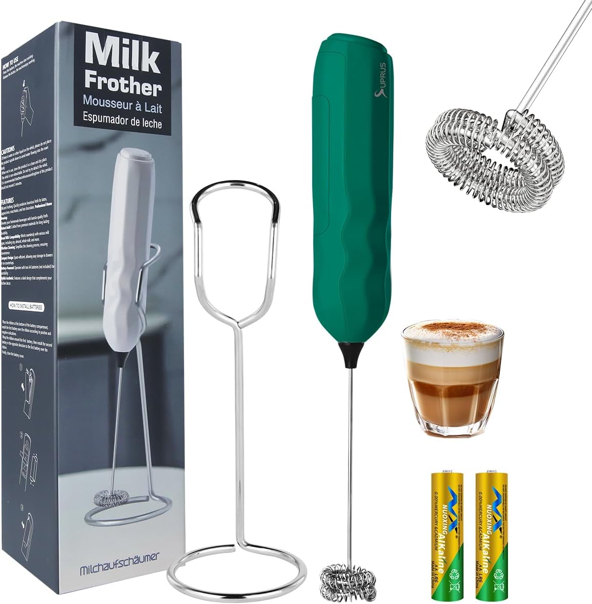 SUPRUS Ultra Fast Handheld Milk Frother Double Whisk with Stand 2 Batteries Stainless Steel for Lattes Cappuccino Matcha Hot Chocolate Coffee Bar Accessories Kitchen Gadgets Gift