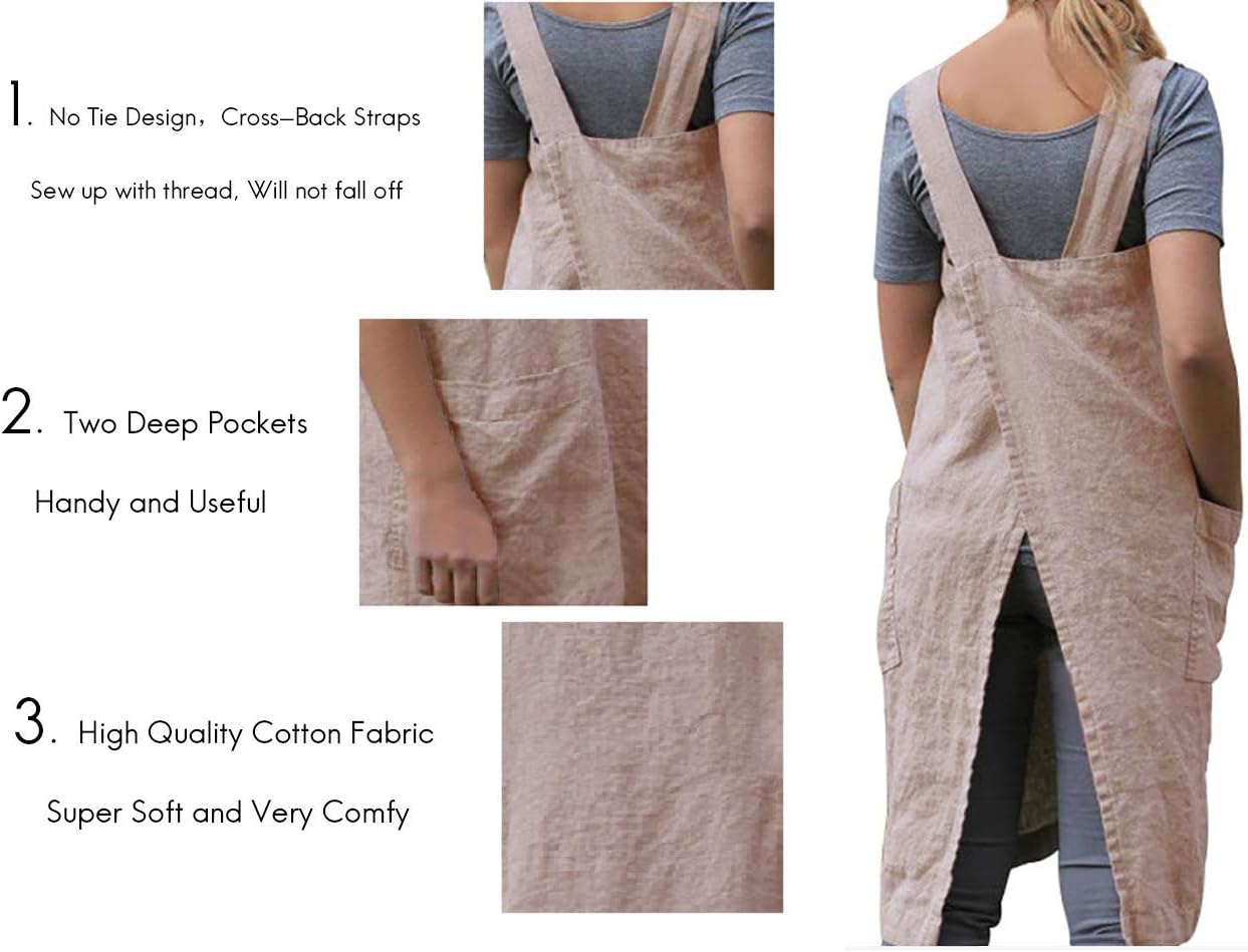 Women's Pinafore Square Apron Baking Cooking Gardening Works Cross Back Cotton/Linen Blend Dress with 2 Pockets