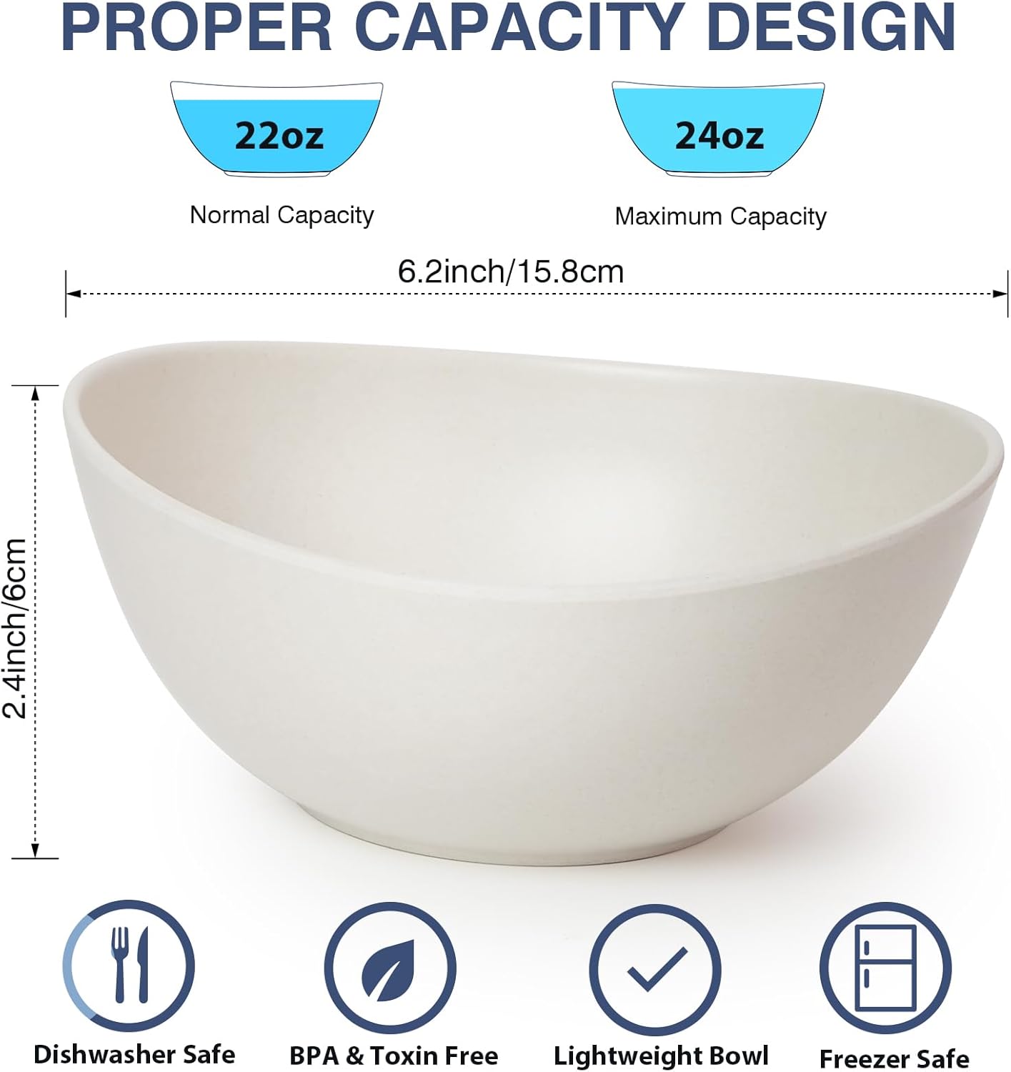 6.2'' Bamboo Fiber Cereal Bows Set of 6, Soup Bowls 24 Oz for Serving Salad, Snack, Side Dishes, Modern Oval Lightweight Bowls for Breakfast, Lunch and Dinner, Dishwasher and Freezer Safe(Matte White)