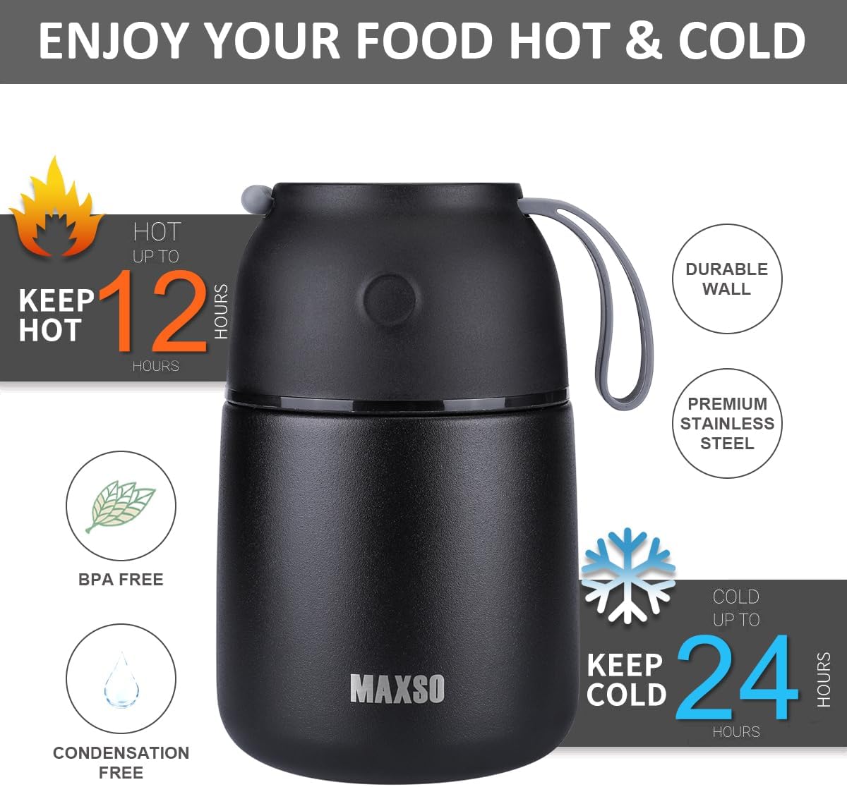 Insulated Thermo Food Jar for Hot & Cold Food for Kids Adult, 17 oz Soup Thermal Hot Food Containers for Lunch, Triple Layer Insulation Stainless Steel Food Jar with Spoon (Black)