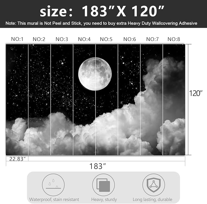 -Gray Galaxy Universe Moon Fabric Wallpaper Ceiling Starry Night White Clouds - Image 4