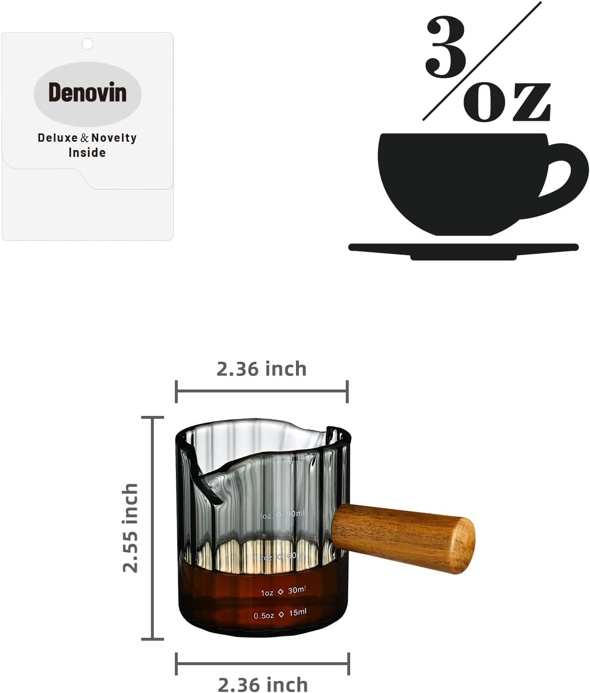 Glass Measuring Cup, 3oz Espresso Shot Glass with Wood Handle, Double Spouts Measuring Cups Pitcher Milk Cup Coffee Shot Glasses (Gray Ribbed)