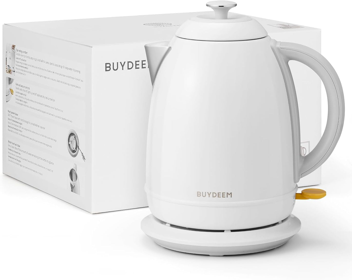 BUYDEEM K640 Stainless Steel Electric Tea Kettle with Auto Shut-Off and Boil Dry Protection, 1.7 Liter Cordless Hot Water Boiler with Swivel Base, 1440W, Arctic White