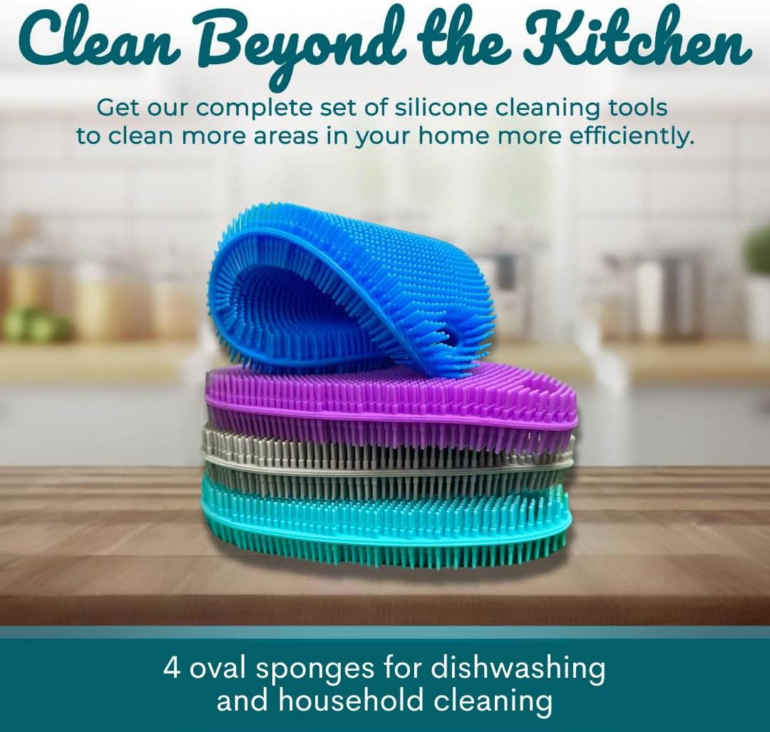 Food Grade Silicone Dish Scrubber - BPA-Free Kitchen Scrubbers for Dishes and Housecleaning (4-Pack Ovals)