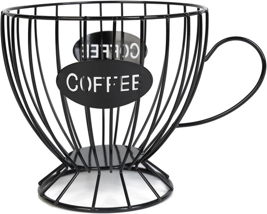 Coffee Pod Holder,Large K-Cup & Nespresso Capsule Organizer, Coffee Capsule Basket, Metal Coffee Bar Organizer for Kitchen Dinning Room Office Home Cafe Hotel (Black-Tea Cup )